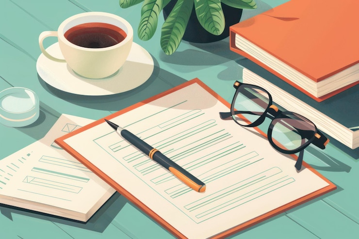 PSD a clipboard with a pen and glasses on a wooden table with a cup of coffee and two books