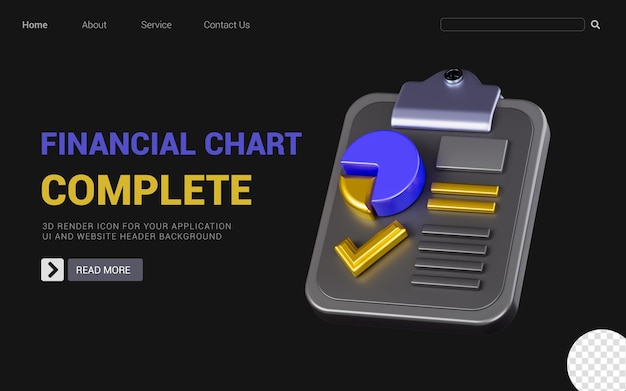 金融チャートの完全な暗い背景 3 d レンダリング コンセプトにパイ チェック マーク記号付きのクリップボード