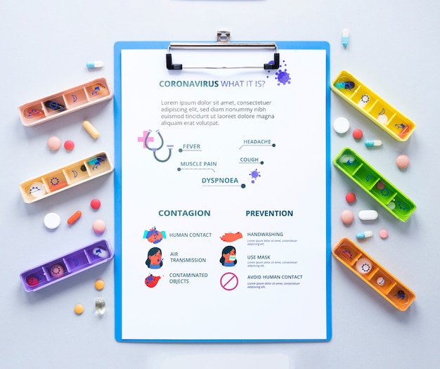 clipboard with pills on table
