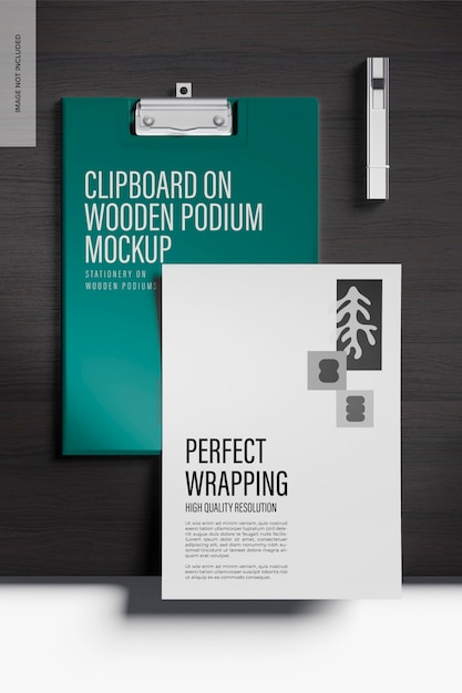PSD clipboard on wooden podiums mockup, top view