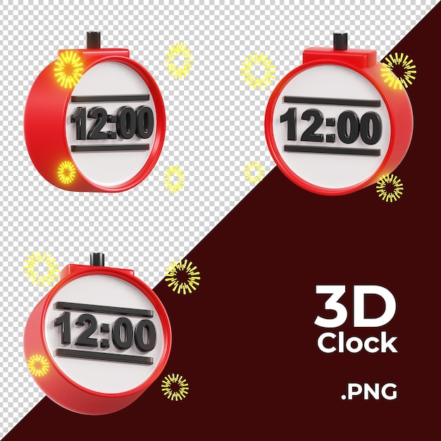 PSD orologio 12 00 3d illustrazione render con fuochi d'artificio 3 angoli