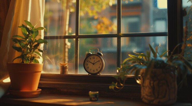 PSD a clock is on a window sill with a potted plant in the background