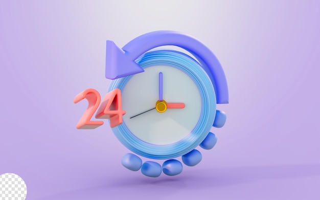 PSD clock sign with twenty four rotation arrow 3d render concept for time history help service