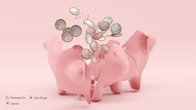 PSD Крупным планом макет сберегательной свиньи u pon с изолированными монетами