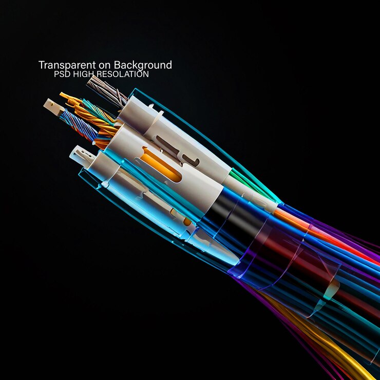 PSD close up on beautiful optical fiber details on transparent background