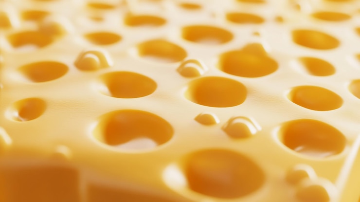 PSD close-up of a block of swiss cheese showing holes and texture