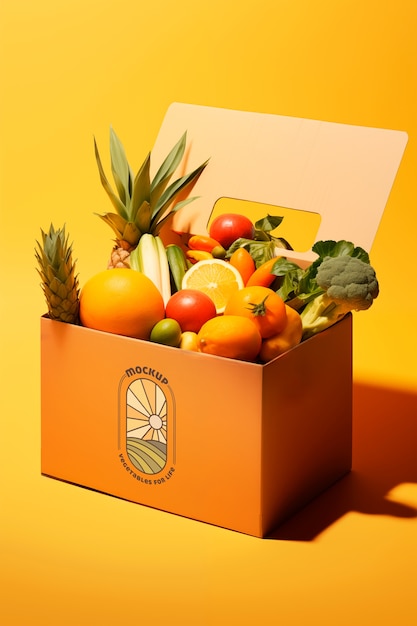 PSD close up on box mockup with fruits inside