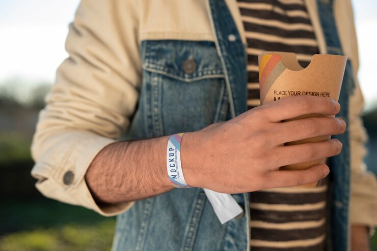 PSD close up on bracelet ticket mockup