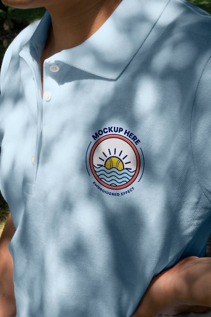 PSD close up on branding of polo tshirt mockup