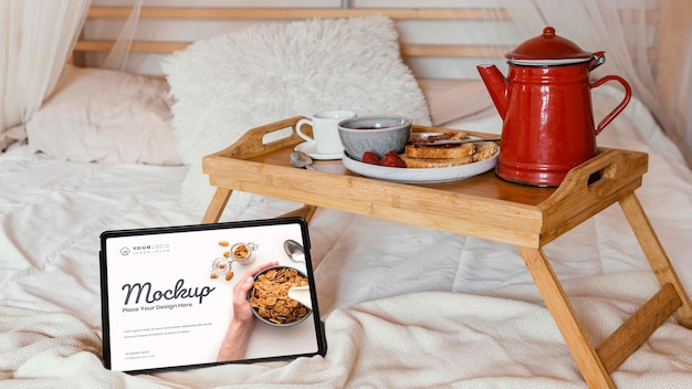 Close up on breakfast in bed mockup