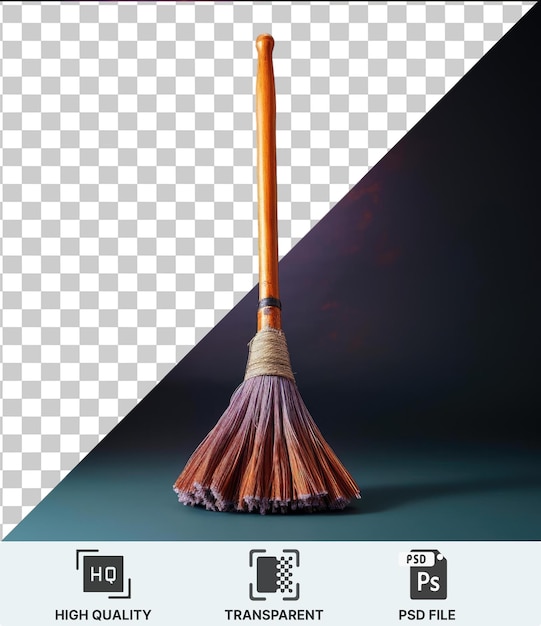 PSD close up of a broom with a brown and orange handle against a dark sky with a black shadow in the foreground