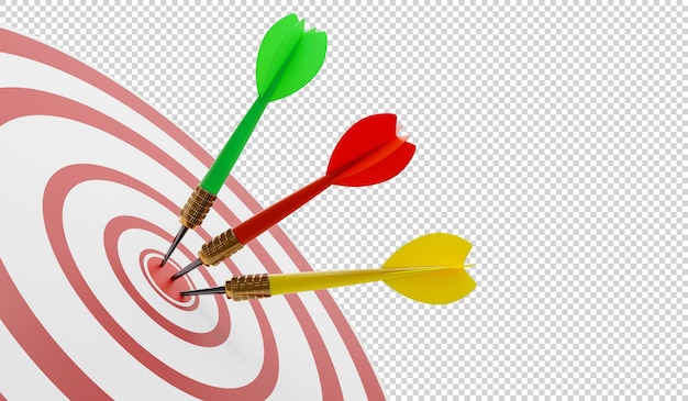 Primo piano di un occhio di bue su un muro con freccette nell'illustrazione 3d di destinazione