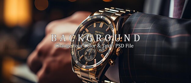 PSD close up businessman in a black suit is glancing at his watch to see the time