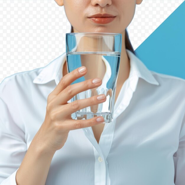 Close up di una donna caucasica che indossa una camicia bianca con un bicchiere d'acqua potabile in mano isolata sullo sfondo blu isolato dello studio sulla base di uno stile di vita sano e di un concetto di trattamento sanitario