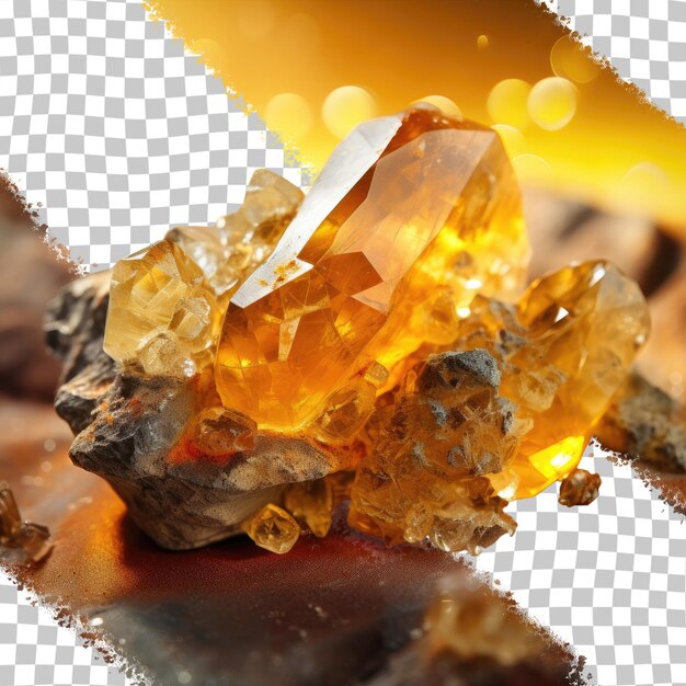 Close up of citrine macro mineral stone on a transparent background with crystals in rock