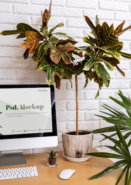 PSD close up on computer mockup surrounded by plants