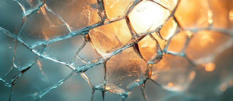 PSD a close up of cracked glass with a warm light shining through