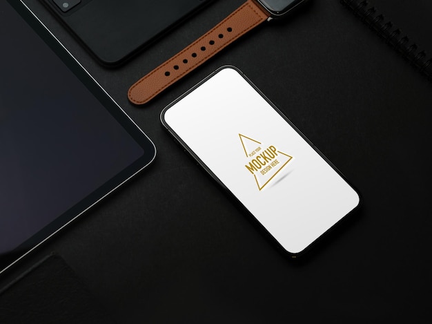 Close up of creative smartphone mockup and accessories