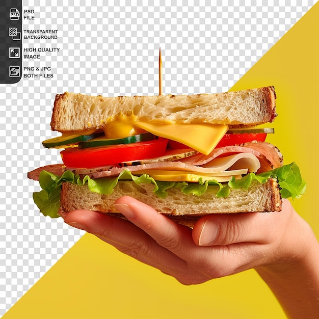 PSD close up on delicious sandwich hold on hand isolated on transparent background