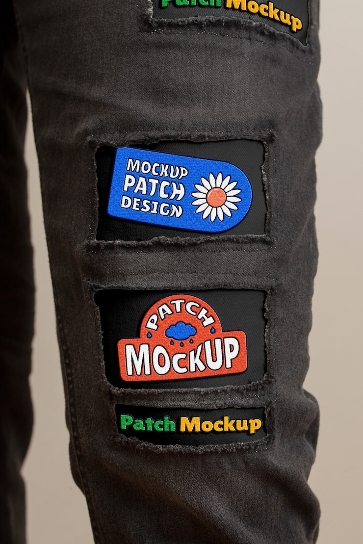 PSD close up on denim patches mockup