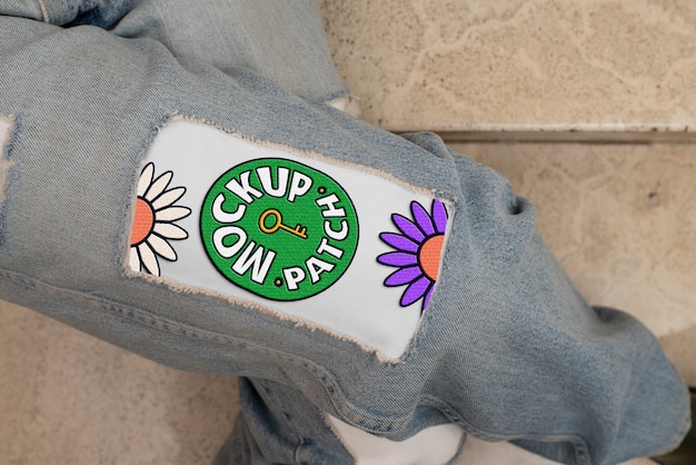 PSD close up on denim patches mockup