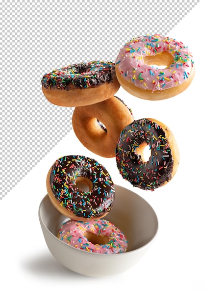 PSD close up on donuts flying in a bowl