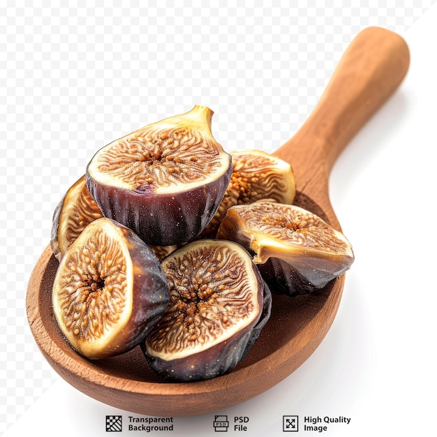 Close up of dried fig fruits in the wooden spoon isolated on the white isolated background