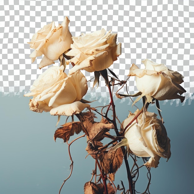 Close up of dried white roses on transparent background