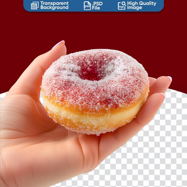 Close-up foto van een heerlijke jelly donut die in de hand van een vrouw wordt gehouden