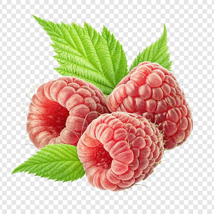 PSD close-up of fresh raspberries with green leaves isolated on a transparent background