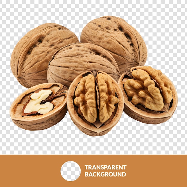 close-up of fresh walnuts with cracked kernels isolated on a transparent background