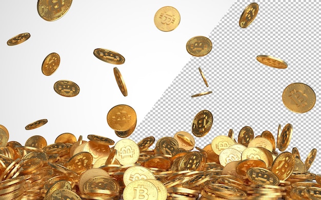 PSD close up of golden bitcoins tossed into the air as example for blockchain and crypto-currency concept. mockup. 3d render illustration.