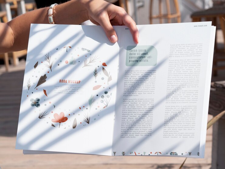 PSD モックアップの自然雑誌を持っているクローズアップ手