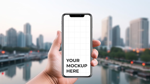 PSD Крупным планом рука держит макет телефона с городским фоном для социальных сетей или рекламы