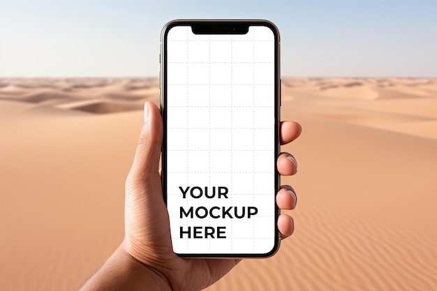 PSD ソーシャルメディアや広告用の砂塵の背景に電話のモックアップを持っている手を閉じます