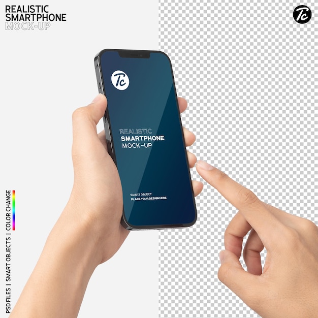 Close-up hand holding and using smartphone mockup