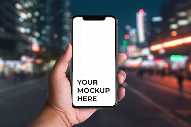 PSD close-up hand met telefoon mockup met stadsachtergrond voor sociale media of reclame