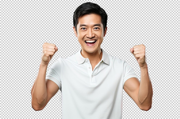 PSD close up di un uomo cinese felice che celebra il gesto
