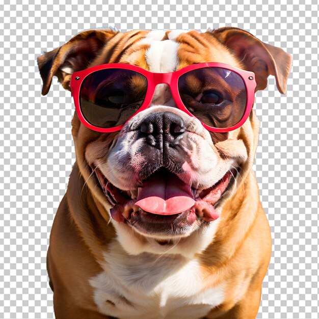 PSD un primo piano di un felice bulldog inglese con occhiali da sole bellissimo cane pronto per la spiaggia estiva isolato su sfondo trasparente png