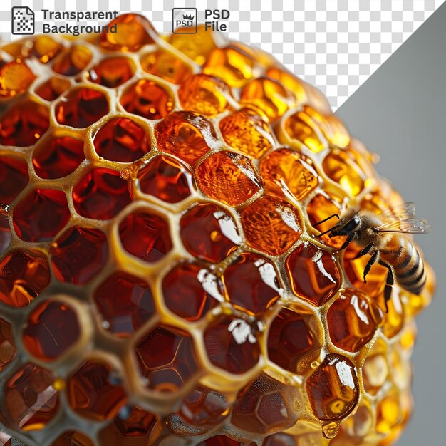 PSD a close up of a honeycomb with a bee inside surrounded by a cluster of honeycombs