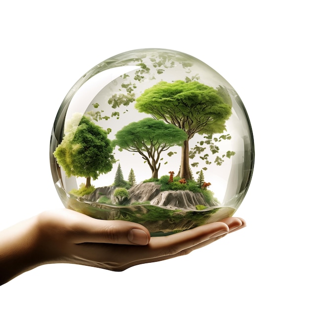 PSD close up of human hands holding glass globe with green forest in it i