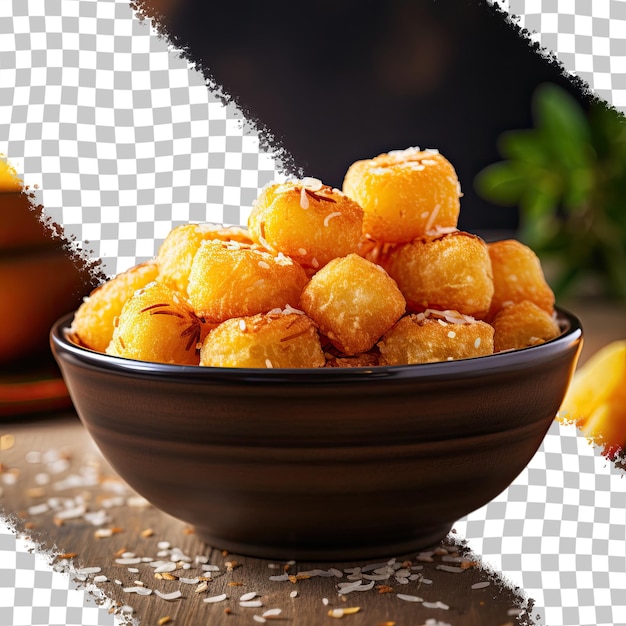 Close up image of cheesy puffs or rings served in a bowl with a dark ambiance transparent background