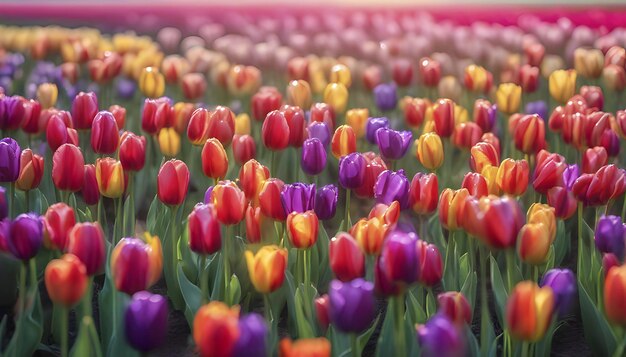 Close up image of tulips field under the morning sunlight