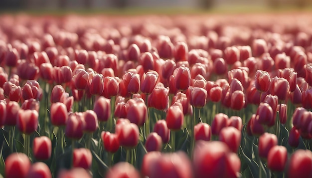 Close up image of tulips field under the morning sunlight