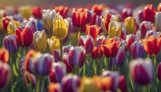 Close up image of tulips field under the morning sunlight