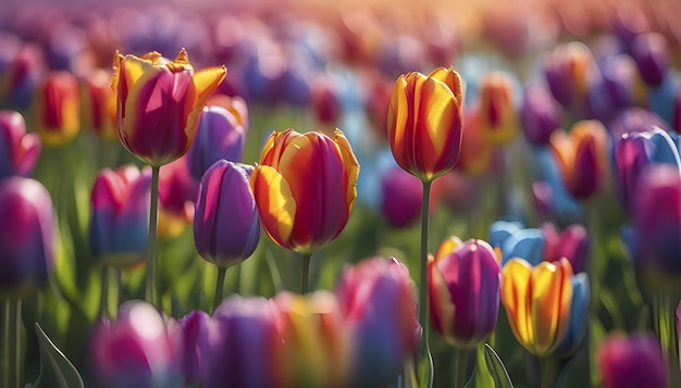 Close up image of tulips field under the morning sunlight