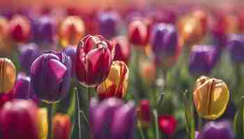 PSD close up image of tulips field under the morning sunlight