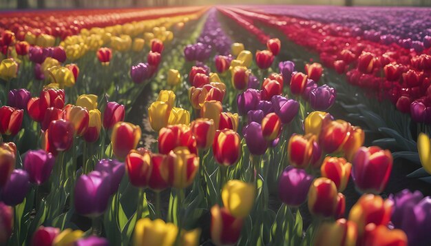 Close up image of tulips field under the morning sunlight