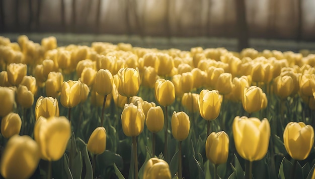 Close up image of tulips field under the morning sunlight