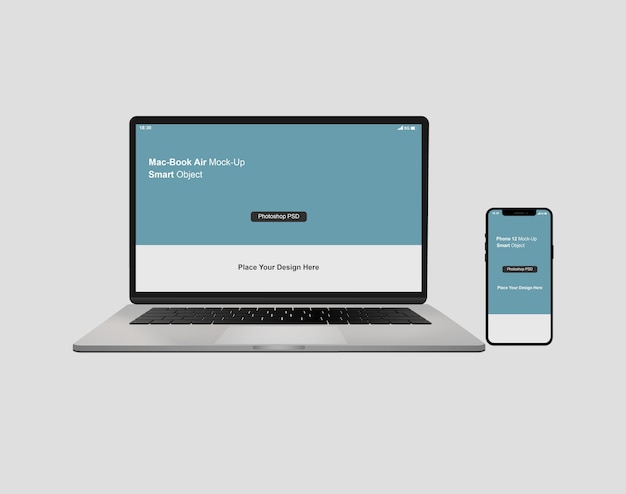 ノートパソコンとスマートフォンのモックアップをクローズアップ